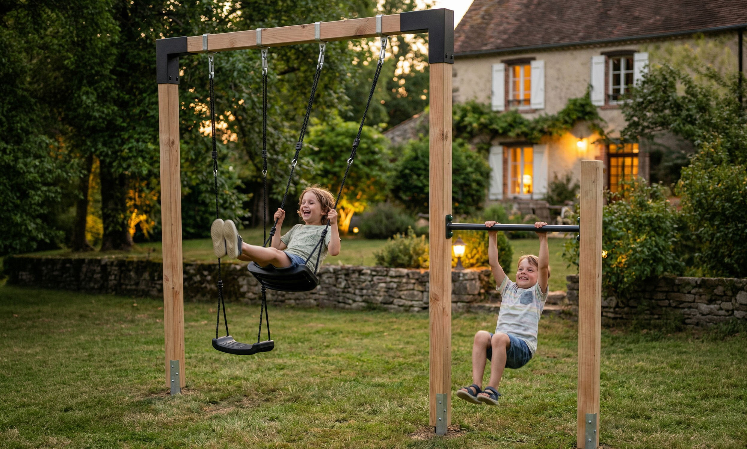 Twee kinderen genieten in de tuin van een houten speeltoestel met dubbele schommel en duikelrek.